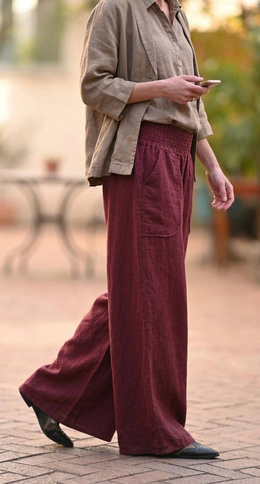 Italian Burgundy Linen Wide Leg Pants With Elastic Waist