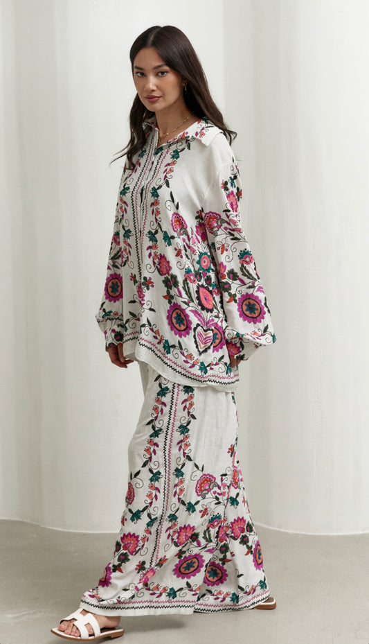 Floral White Oversized Shirt Set
