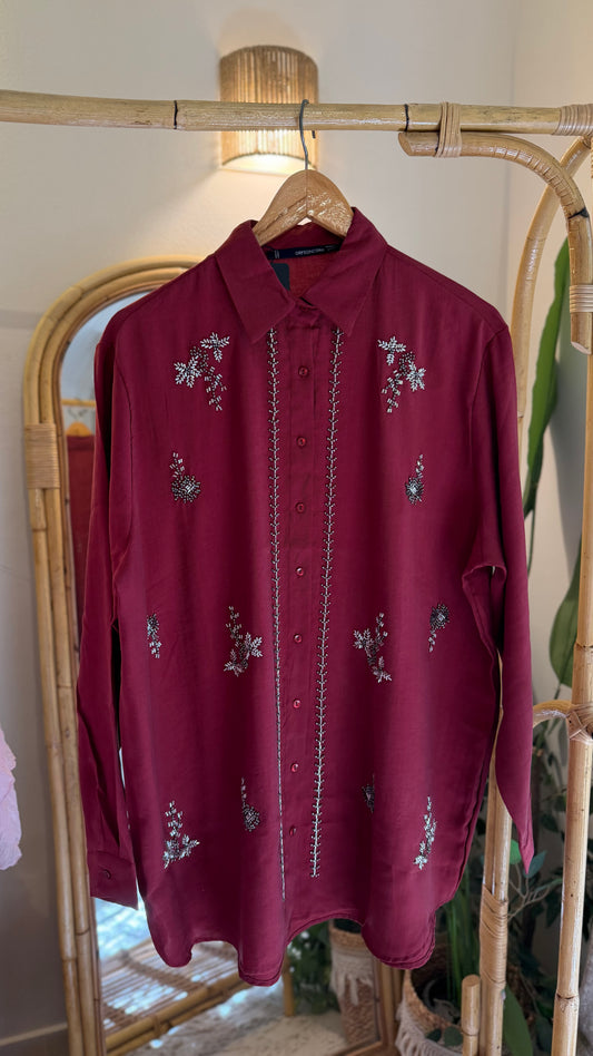 Burgundy Linen Bead-Embellished Shirt