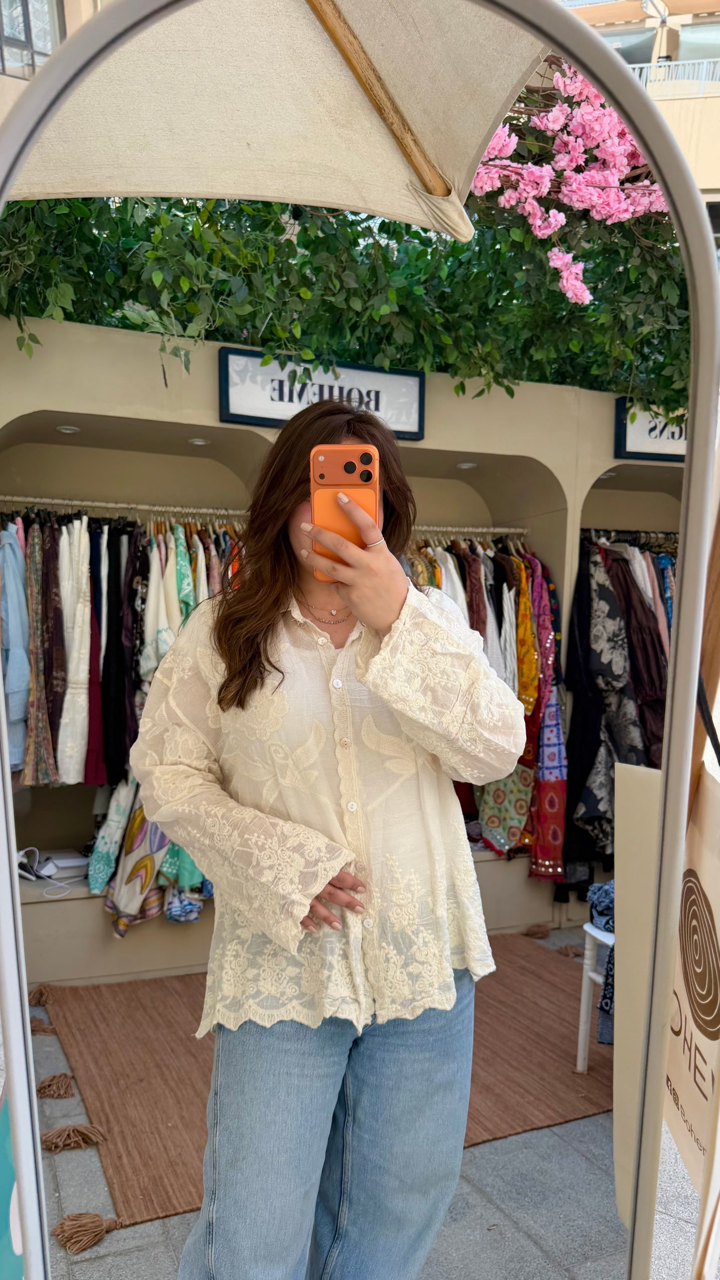 Beige Floral Embroidered Lace Oversized Shirt