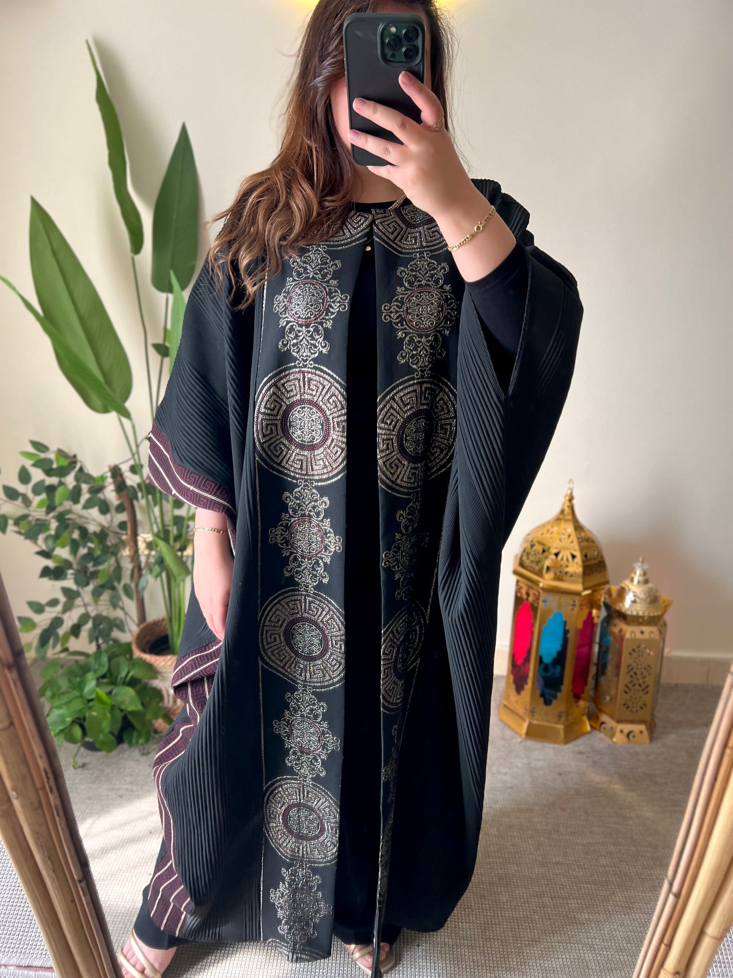 Black Jacquard Kaftan With Burgundy & Gold Embroidery