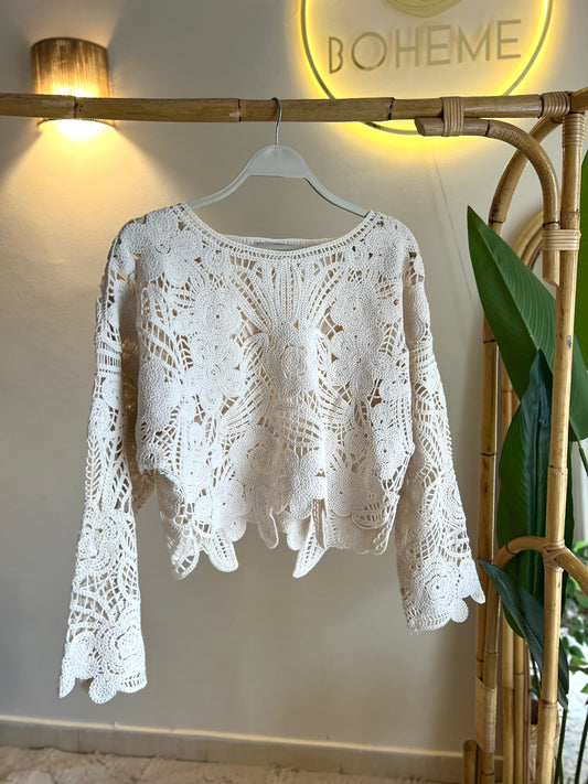 Beige Floral Crochet Blouse