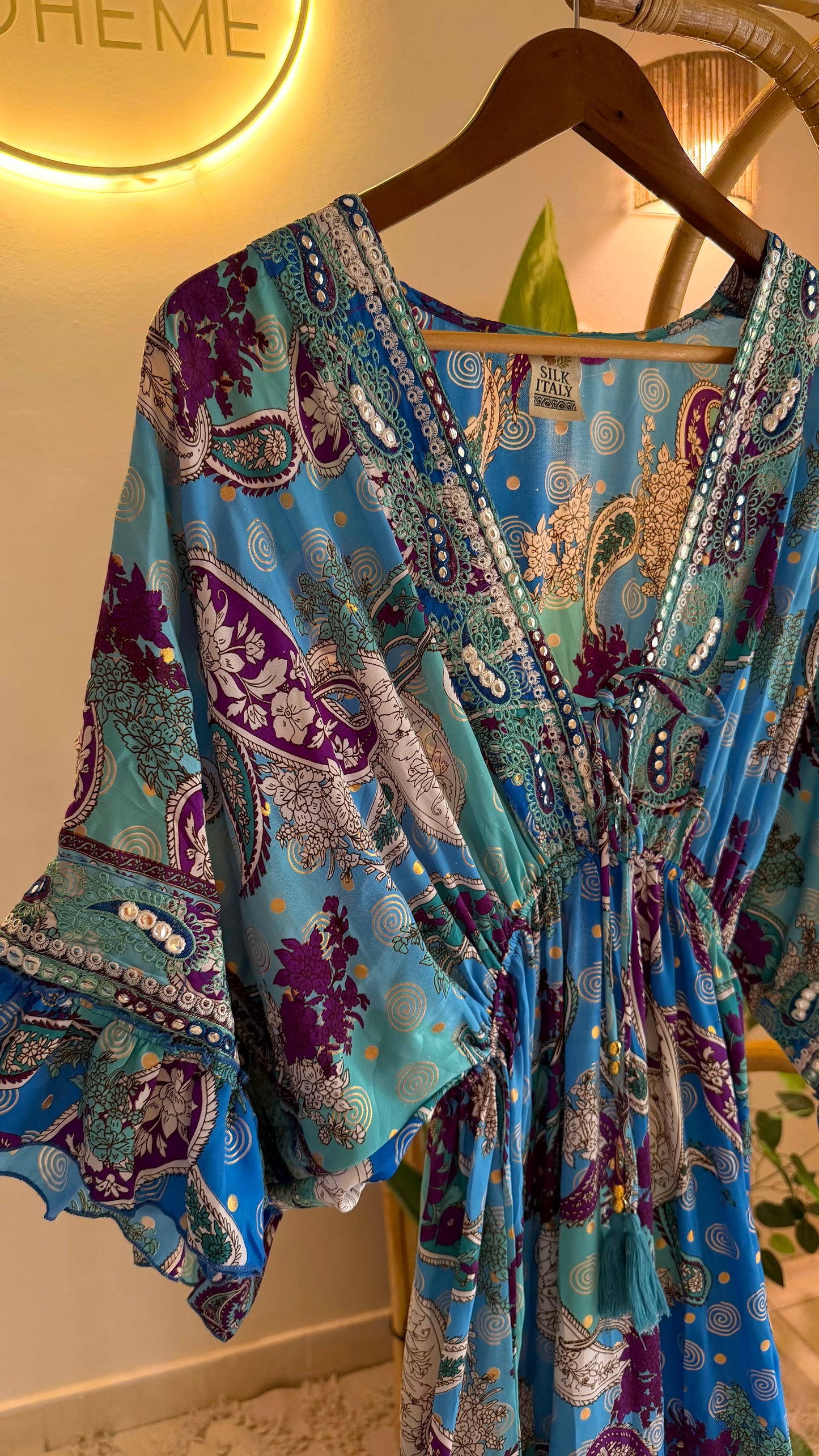 The Italian Blue Purple Paisly Dress With Embroidery & Tassels