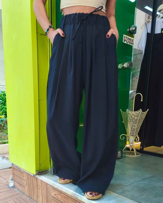 Navy Elastic Waist Palazzo Pants