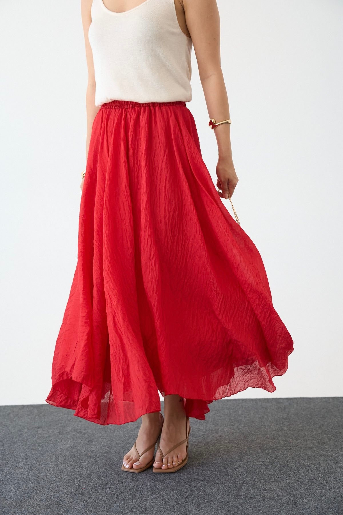 Red Asymmetrical Crinkled Chiffon Skirt