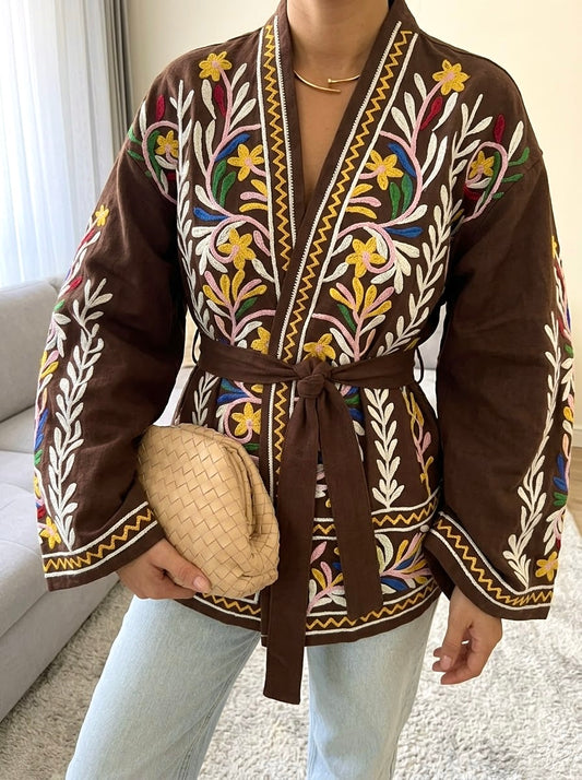 Brown Embroidered Gabardine Belted Jacket