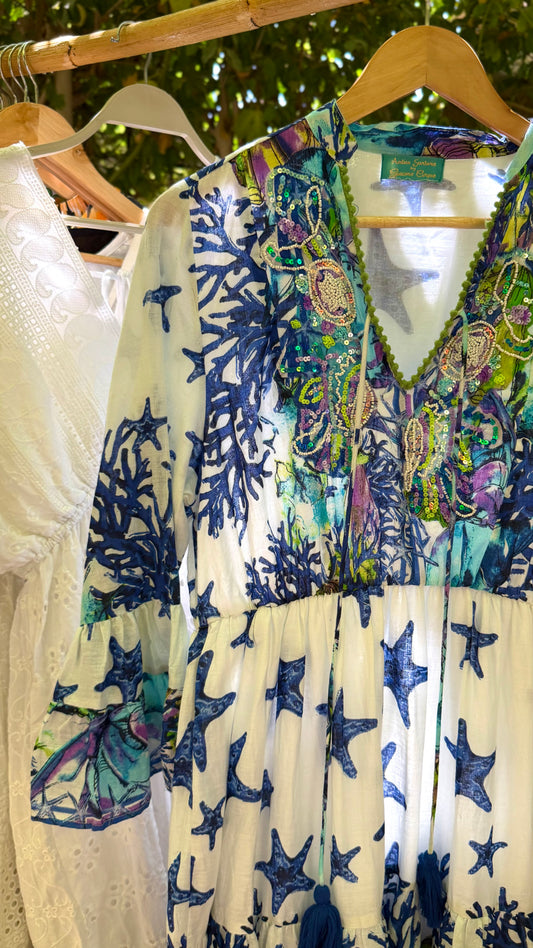 Antica Sartoria Blue Starfish Dress With Handmade Embroidery Beads