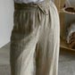 Premium Khaki Linen Straight Leg Pants With Elastic Wais