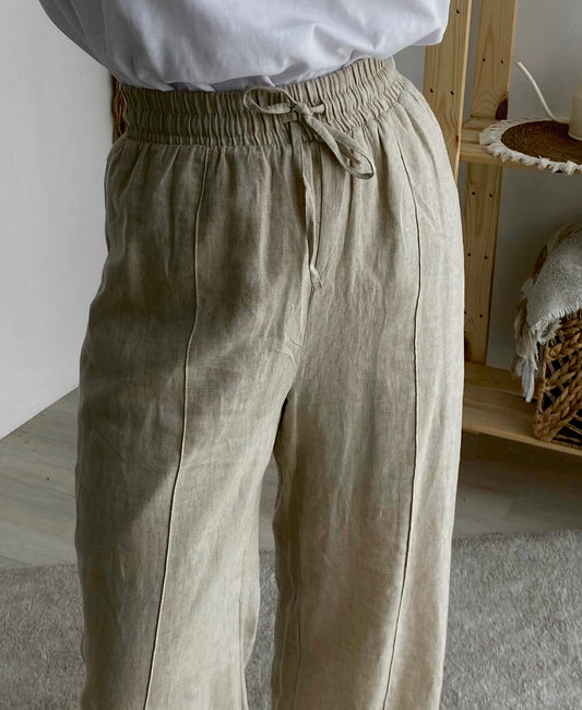 Premium Khaki Linen Straight Leg Pants With Elastic Wais