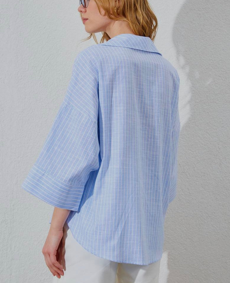 Blue Striped Linen Shirt With Bell Sleeves