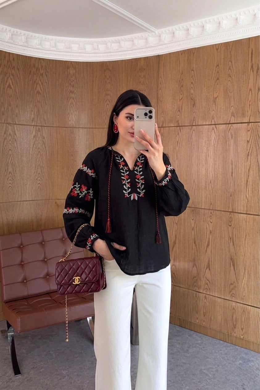 Black Floral Red Embroidered Blouse