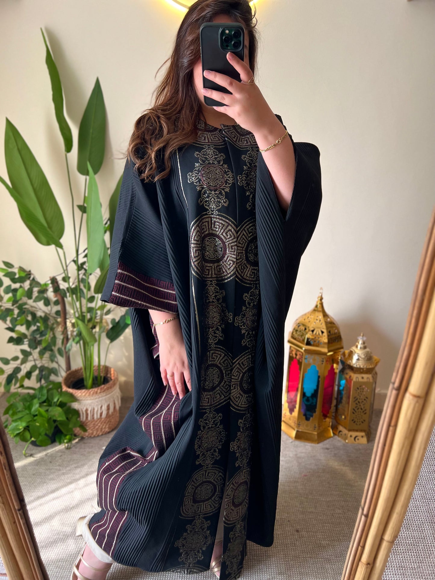 Black Jacquard Kaftan With Burgundy & Gold Embroidery