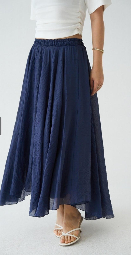 Navy Blue Asymmetrical Crinkled Chiffon Skirt