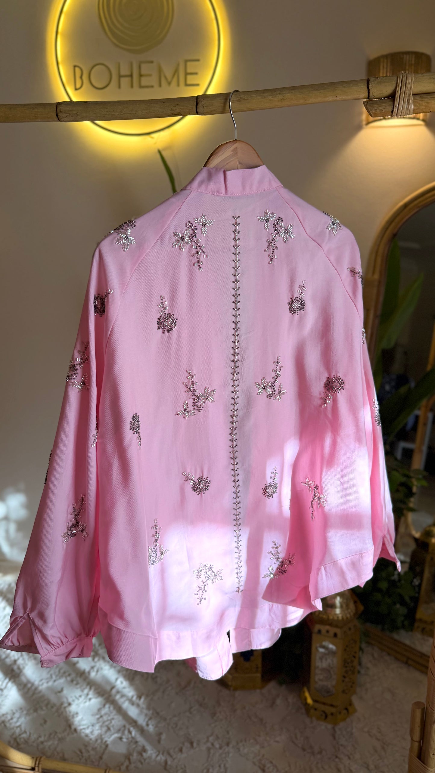 Pink Floral Bead-Embellished Kimono