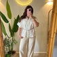 Off White Linen Half Sleeves Belted Blouse