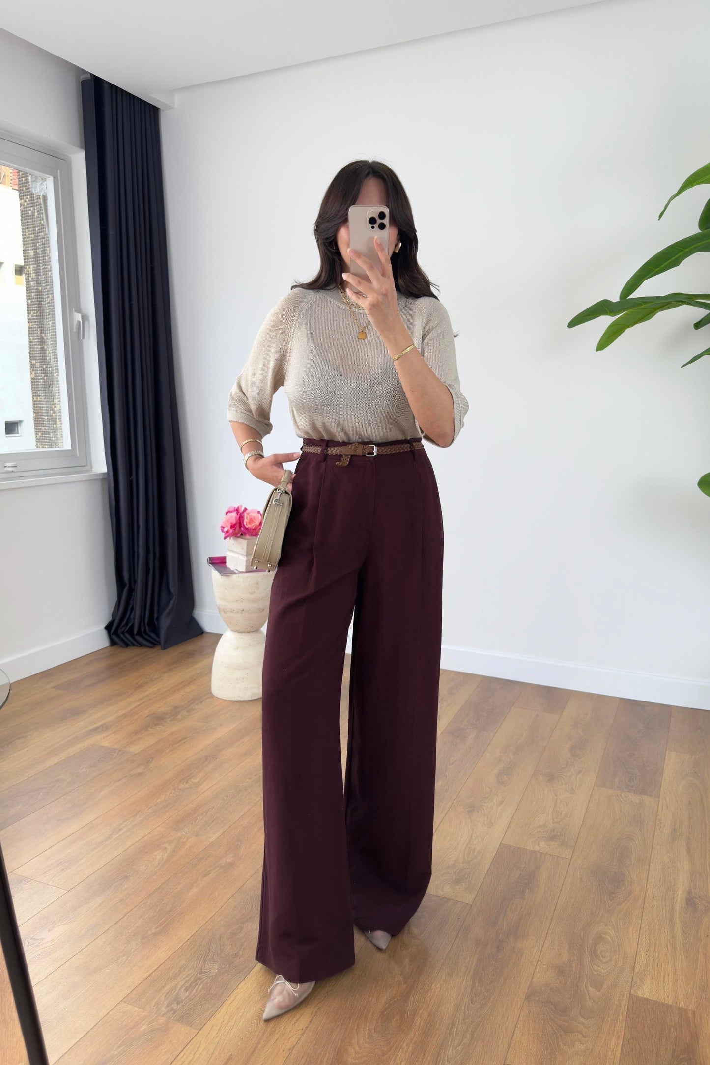 Burgundy Linen Pants With Leather Belt