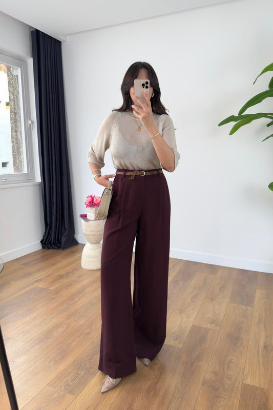 Burgundy Linen Pants With Leather Belt