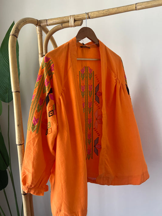 Orange Embroidered Colorful Linen Kimono