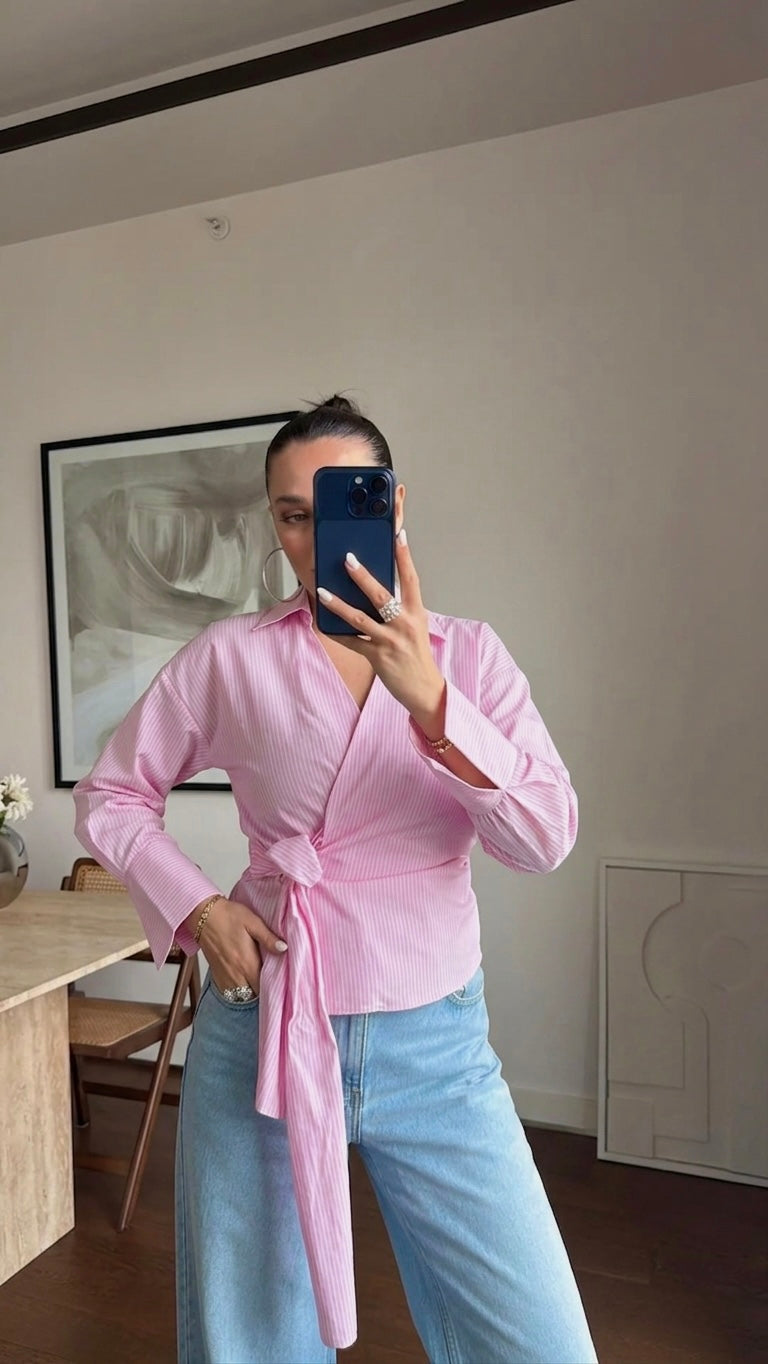 Striped Pink Tie Wrap Shirt
