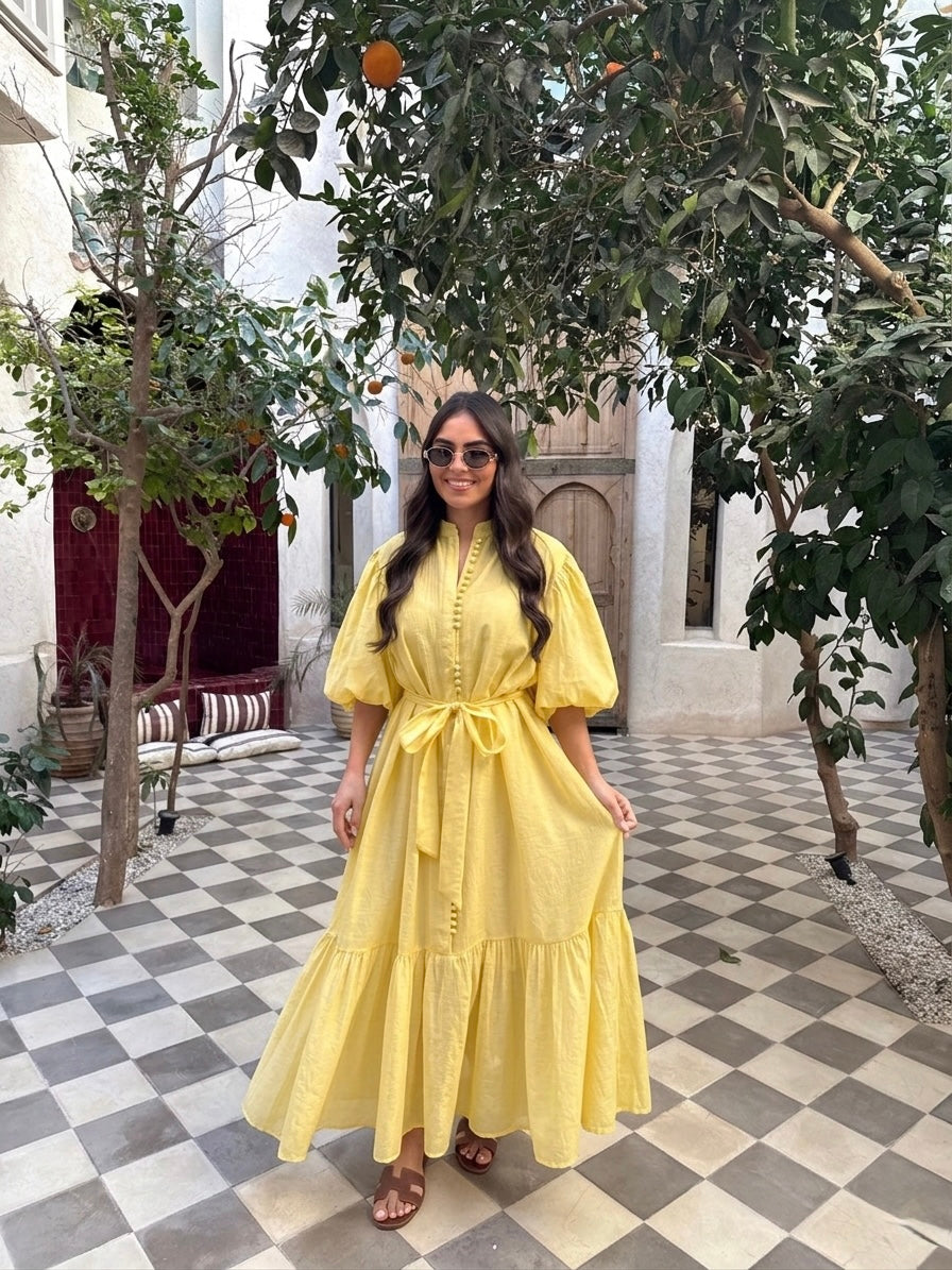 The Spanish Yellow Balloon Belted Dress