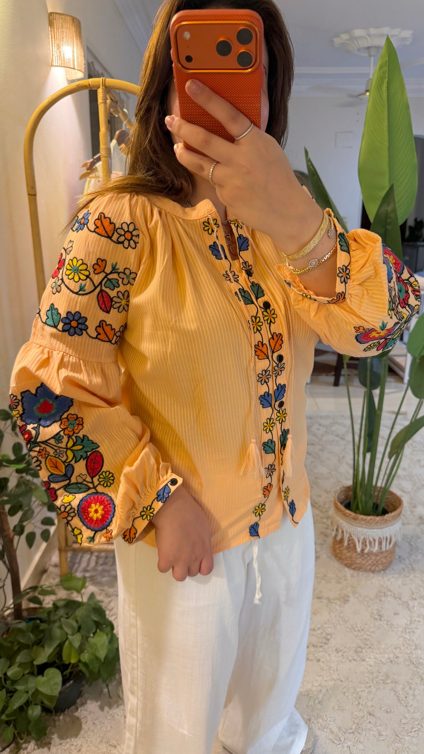 Orange Floral Embroidered Blouse
