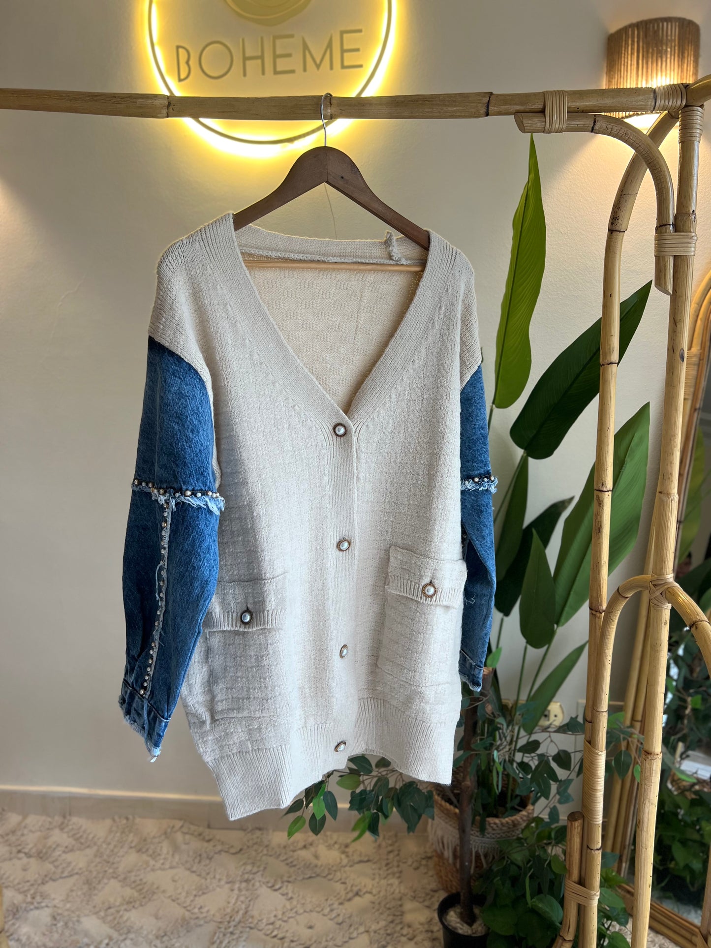 The Pearl Denim X Beige Cardigan With Pockets