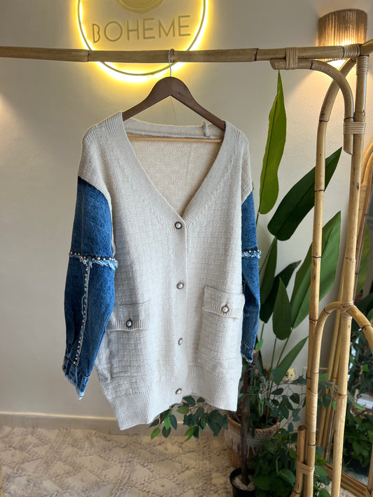 The Pearl Denim X Beige Cardigan With Pockets