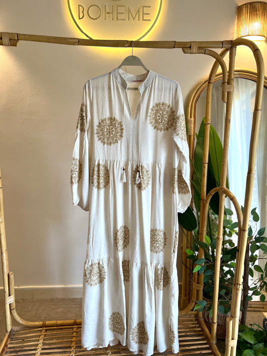 Off White Boho Dress With Golden Threads Embroidery & Tassels