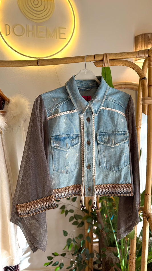 Ethnic Embroidered Mesh X Denim Jacket