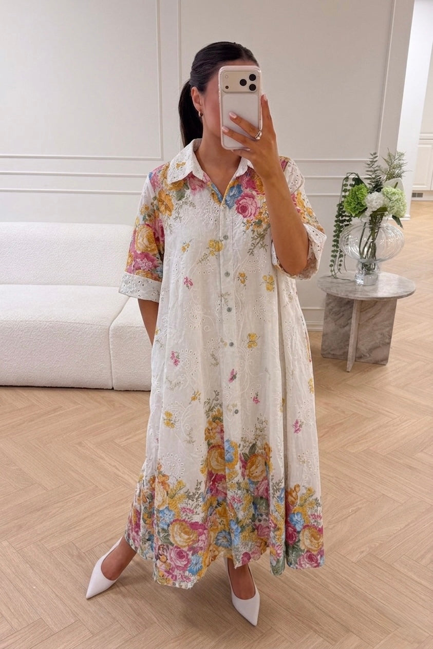Italian Linen Cut Out Pink Floral Dress