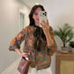 Teal Green Chiffon Vintage Blouse With Ribbons