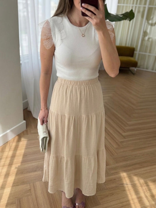 Beige Cotton Elastic Waist Skirt