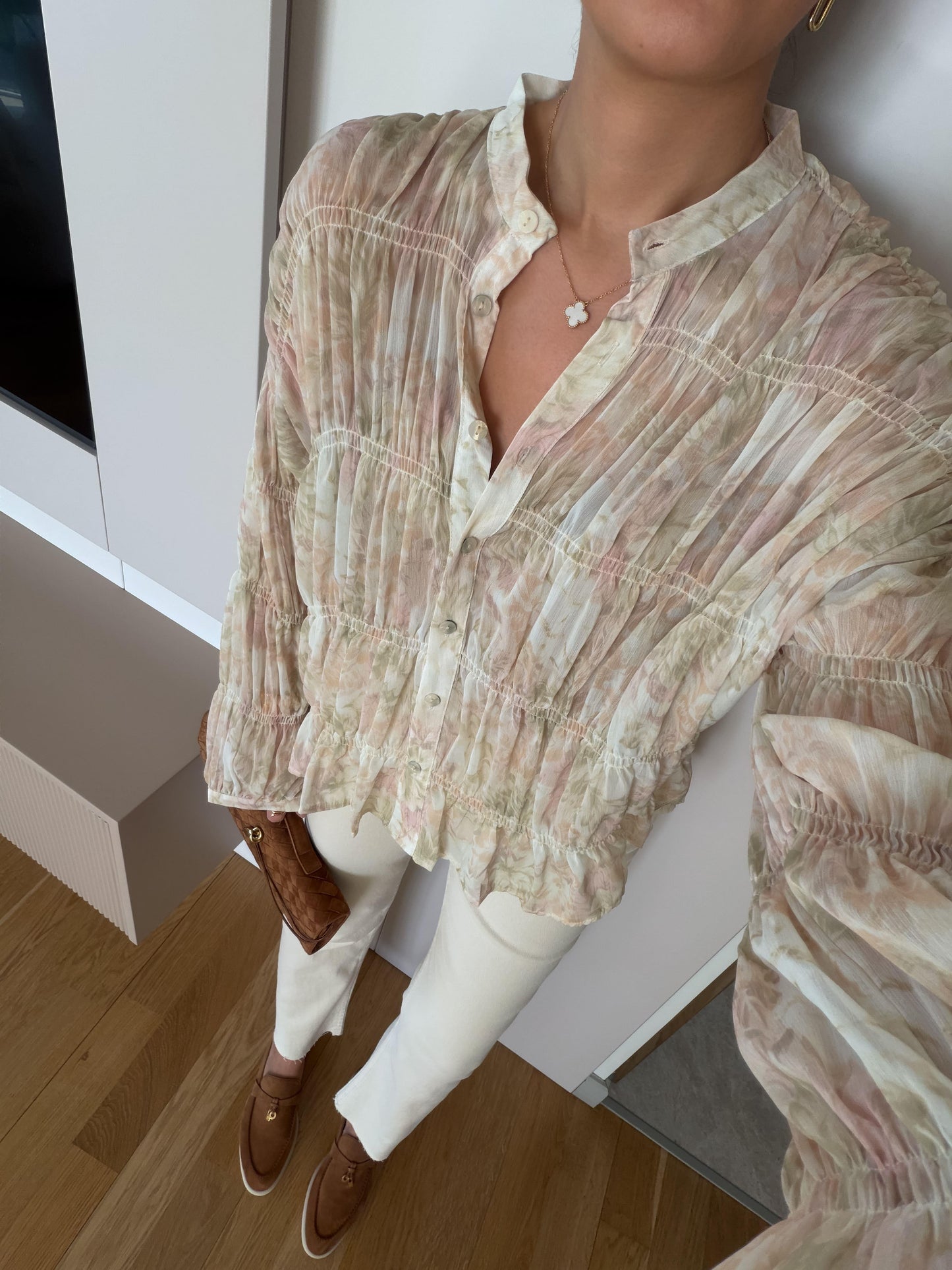 Beige Smocked Chiffon Vintage Blouse