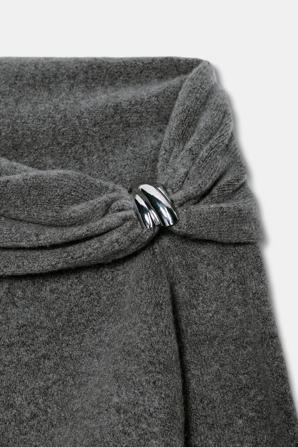 Grey Draped Shoulder Pullover With Silver Appliqué