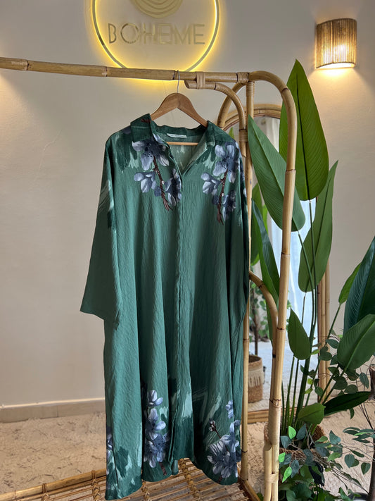 Olive X Blue Floral Belted Shirt Dress