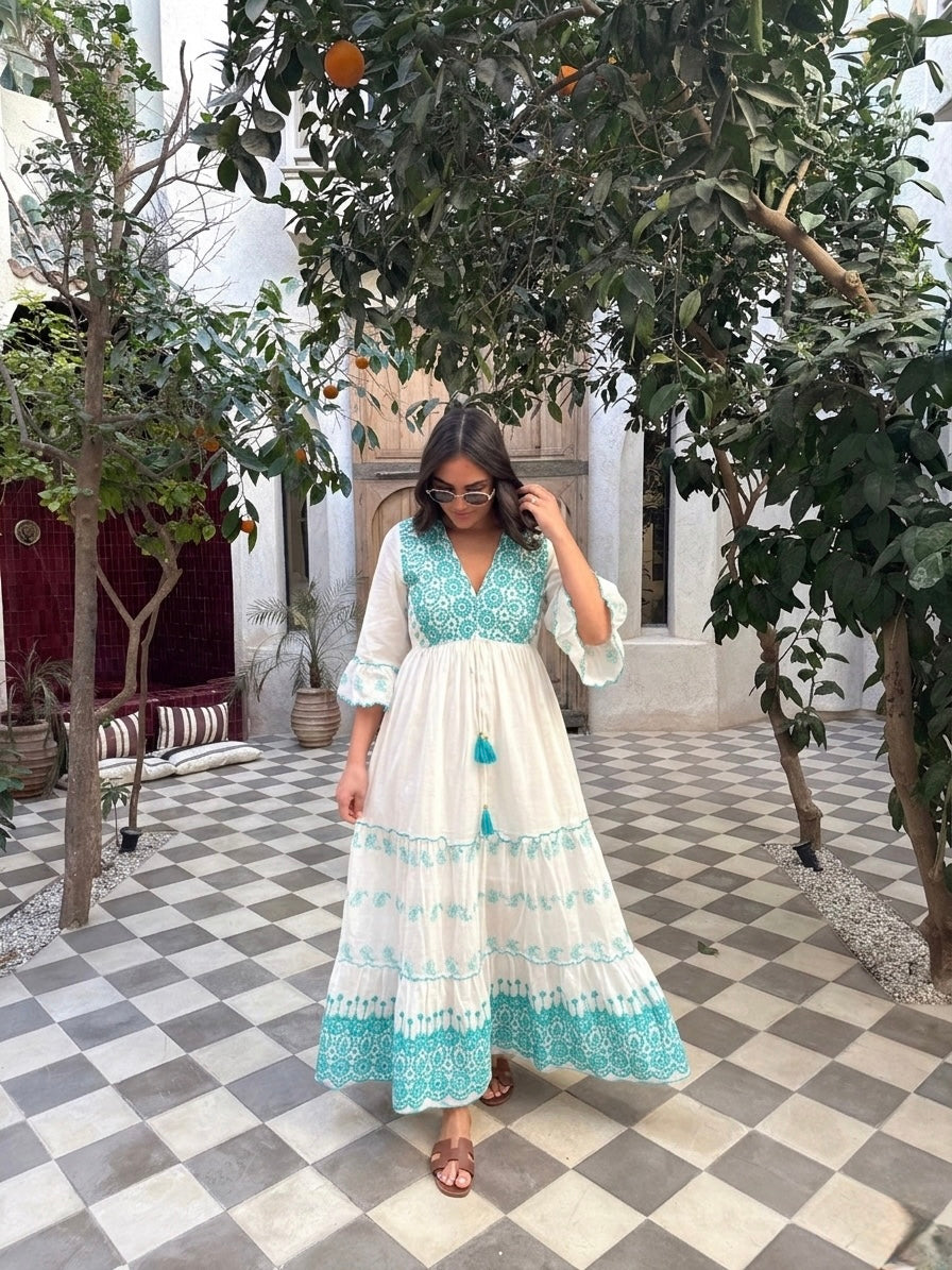 White Turquoise Embroidered Cut Out Dress With Tassel