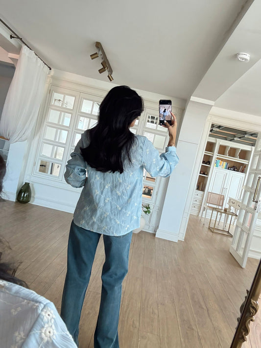 Baby Blue Cut Out Embroidered Blouse