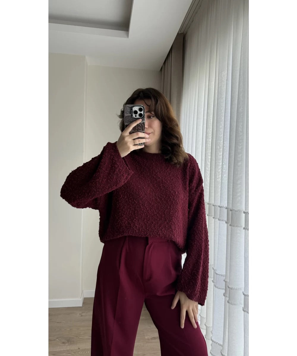 Burgundy Round Neck Stitch Pullover