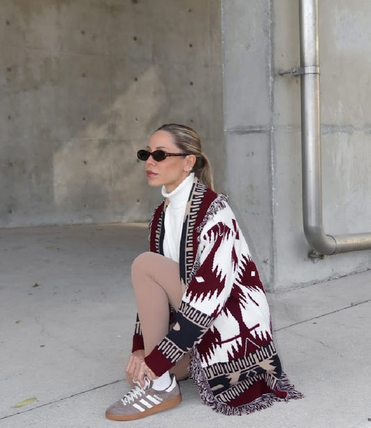 The French Burgundy Ethnic Cardigan With Belt & Pockets