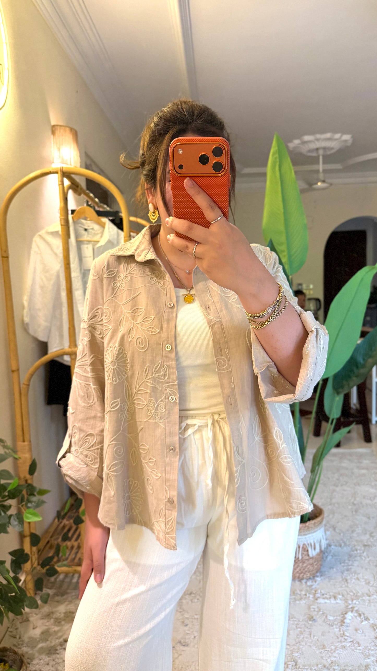 Beige Floral Embroidered Cotton Shirt