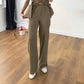 Dark Olive Linen Straight Leg Pants With Elastic Waist