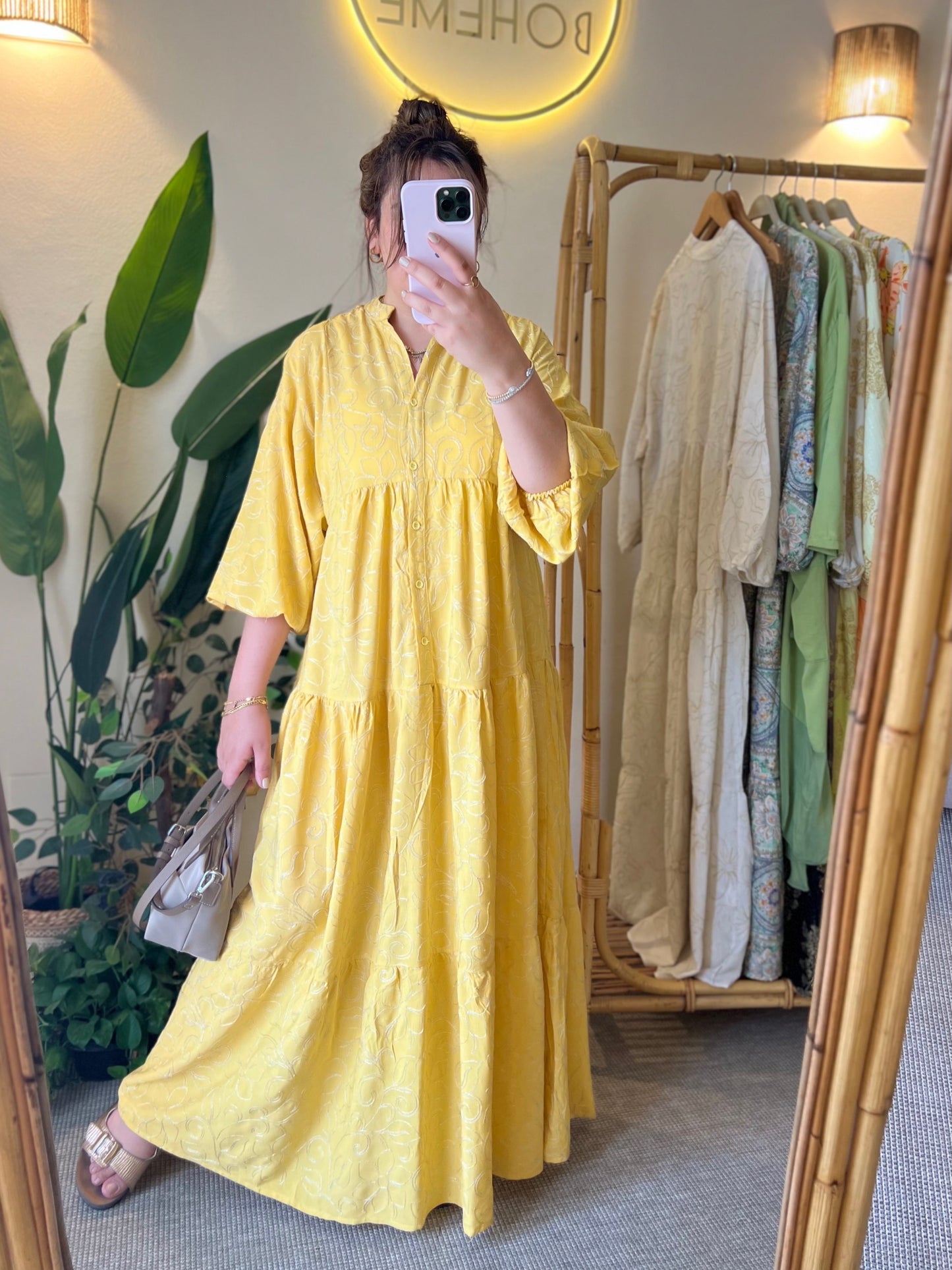 Yellow Embroidered Floral Cotton Wide Dress