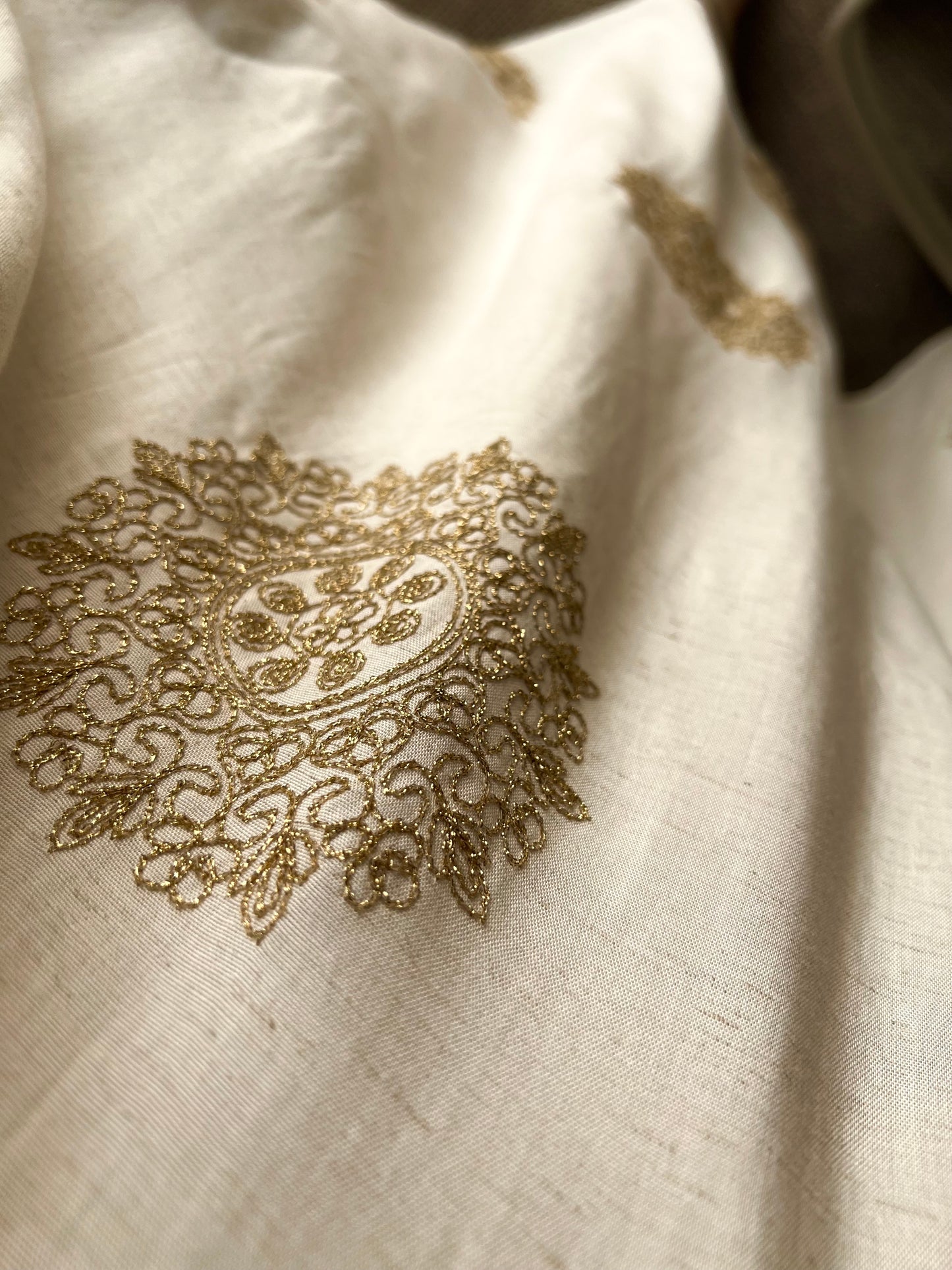 Off White Boho Shirt Dress With Golden Threads Embroidery