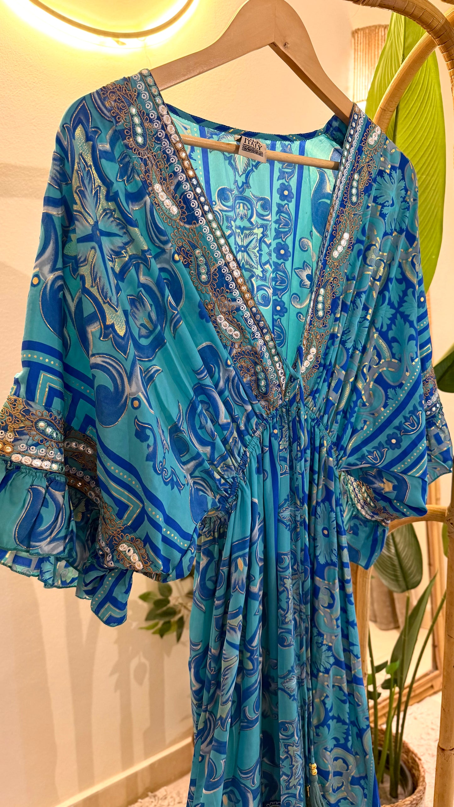 The Italian Aqua Embroidery Dress With Tassels