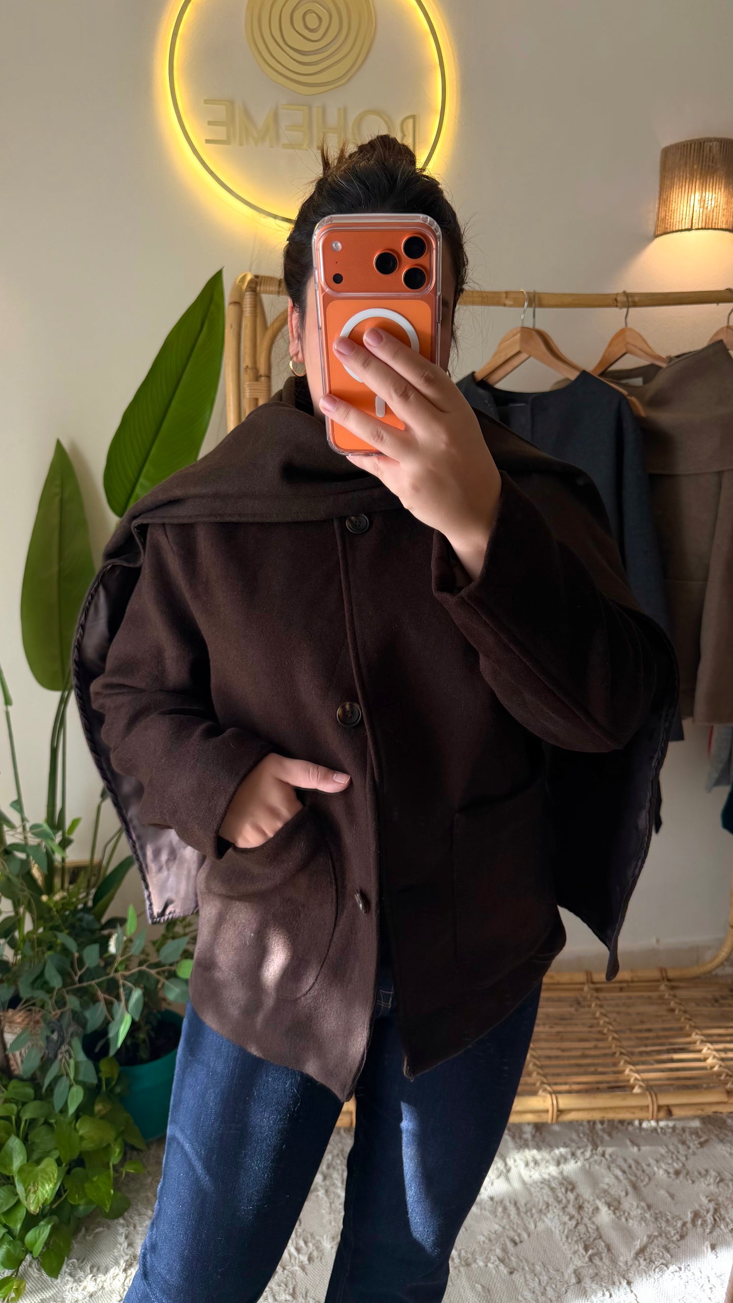 Brown Wool Jacket With Pockets & Detachable Scarf