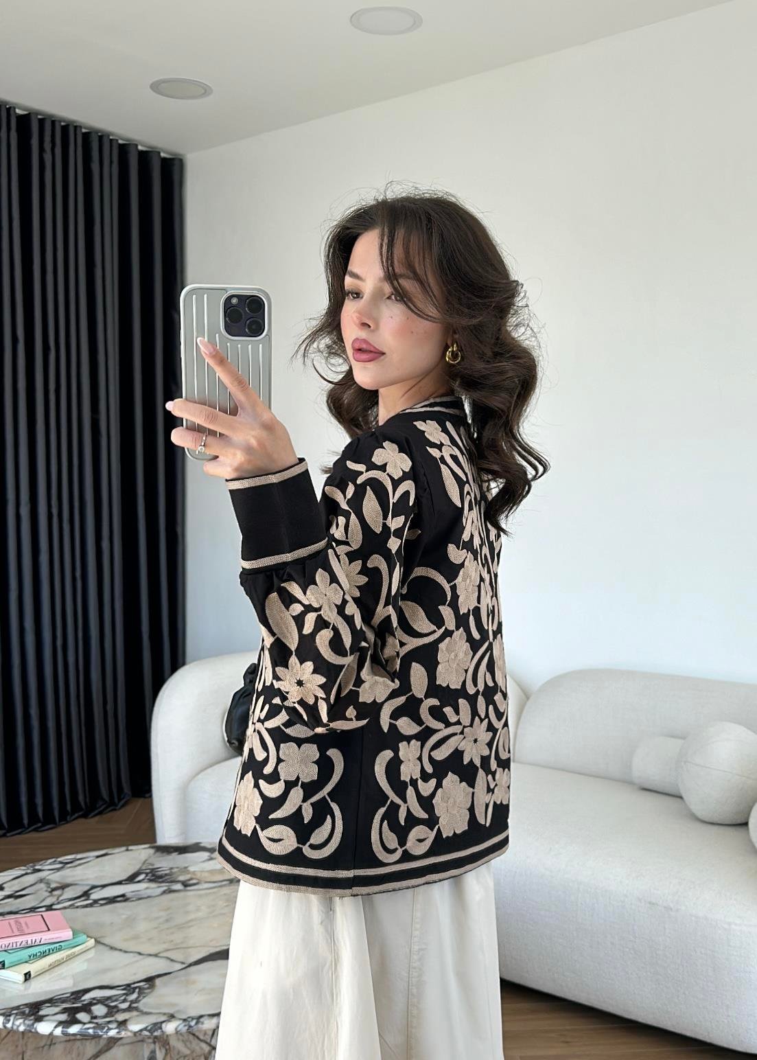 Black X Beige Embroidered Floral Jacket