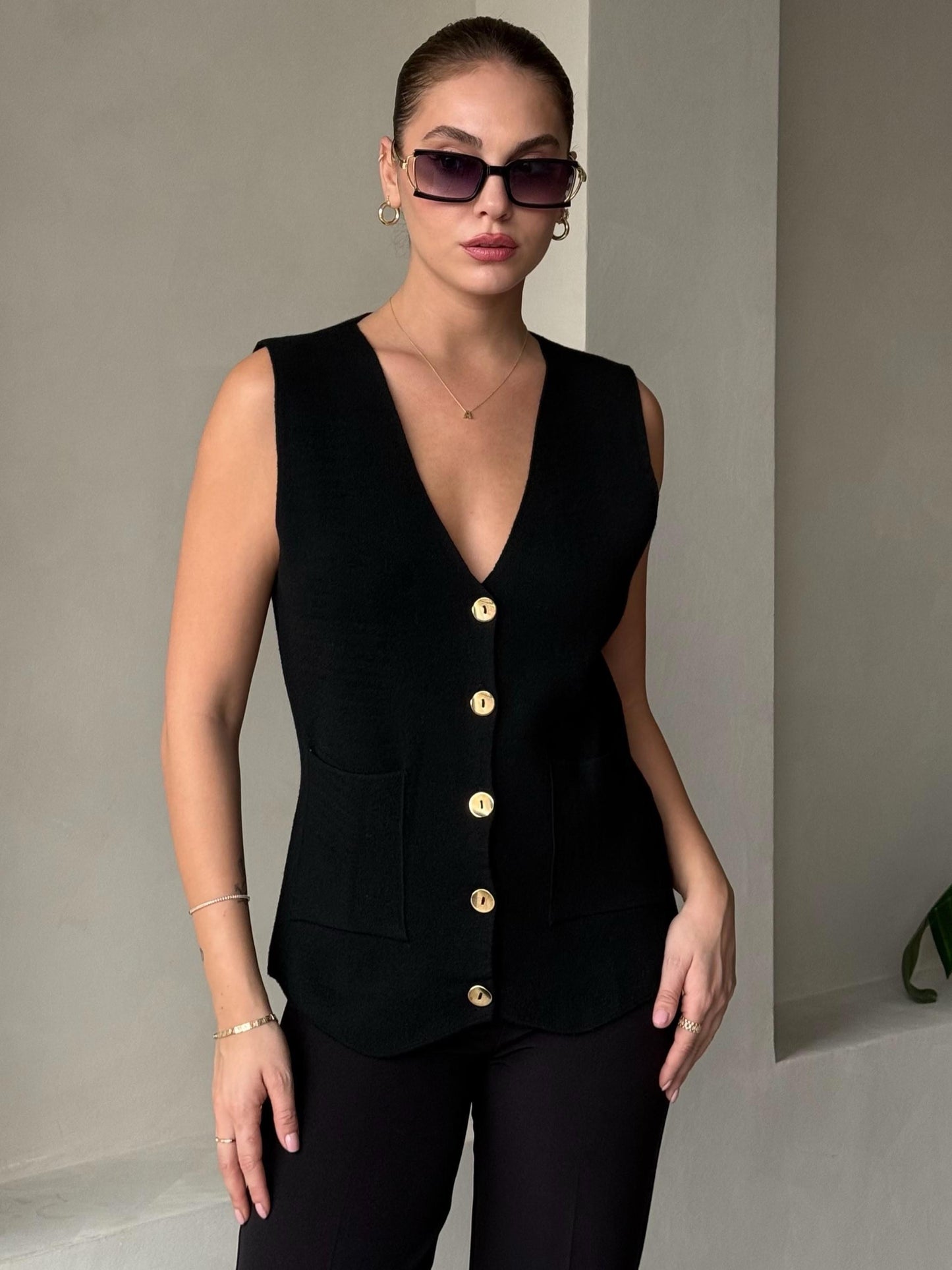 Black Vest With Golden Buttons & Pockets