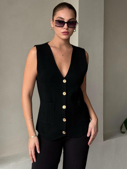 Black Vest With Golden Buttons & Pockets