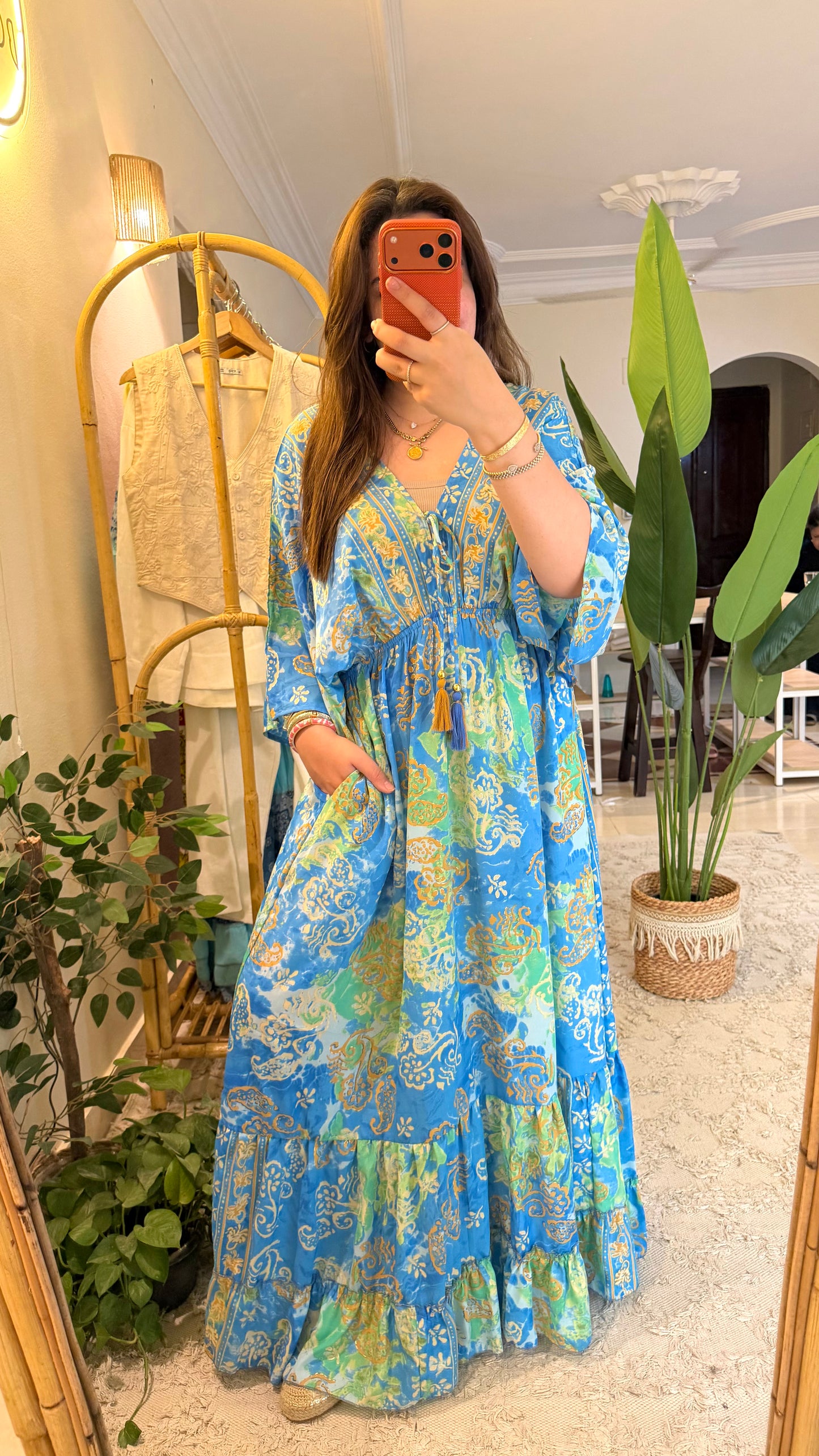 The Italian Blue Green Paisly Dress With Embroiderey & Tassels
