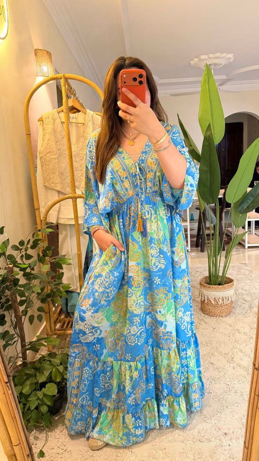 The Italian Blue Green Paisly Dress With Embroiderey & Tassels